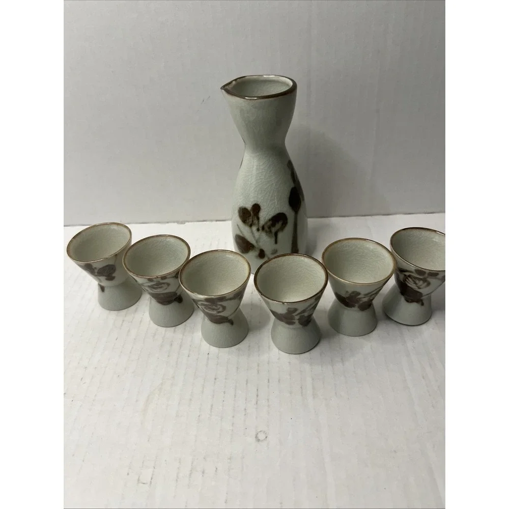 Vintage Ceramic Sake Pitcher & 6 Cups with Reactive Glaze; Pitcher‎ 5